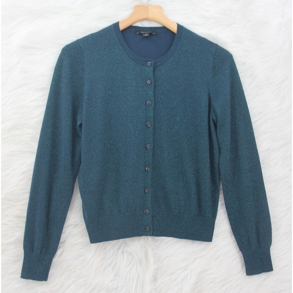 Ann Taylor Women's Blue Green Shimmer Glitter Cardigan L/S Sweater Sz M #1261